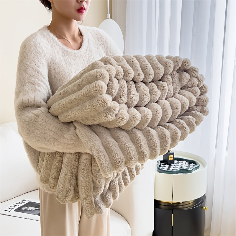 Ultra-Soft Beige Wool Blanket for Couples - Elastic Striped Plush, Perfect for Living Room & Bedroom Decor,