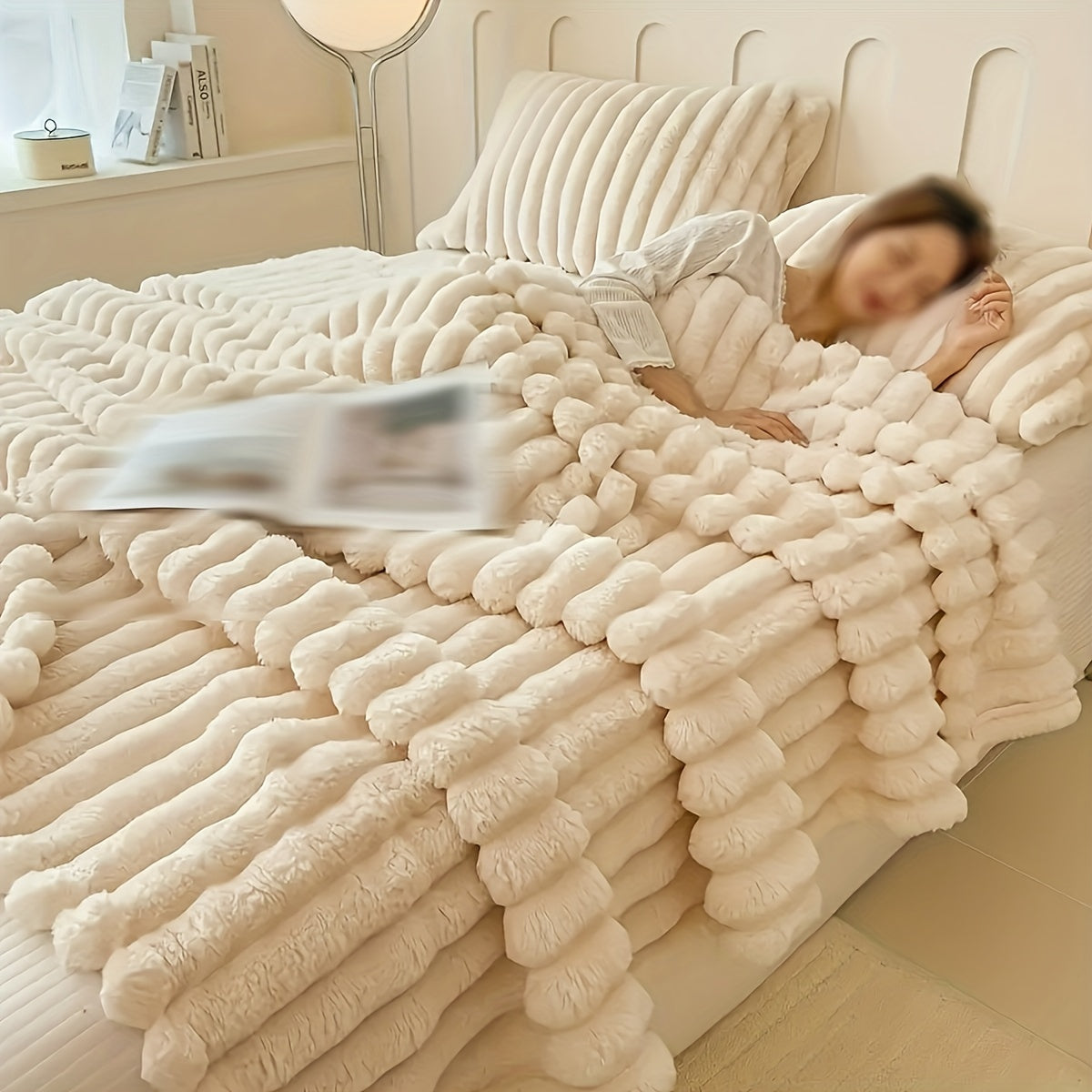 Ultra-Soft Beige Wool Blanket for Couples - Elastic Striped Plush, Perfect for Living Room & Bedroom Decor,