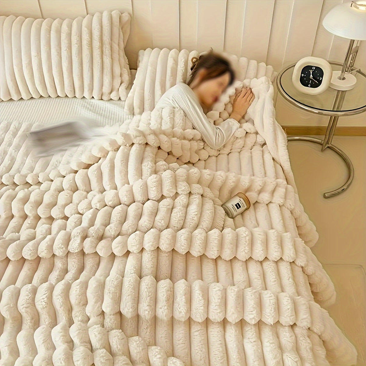 Ultra-Soft Beige Wool Blanket for Couples - Elastic Striped Plush, Perfect for Living Room & Bedroom Decor,