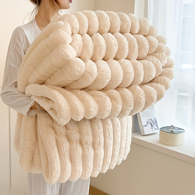 Ultra-Soft Beige Wool Blanket for Couples - Elastic Striped Plush, Perfect for Living Room & Bedroom Decor,