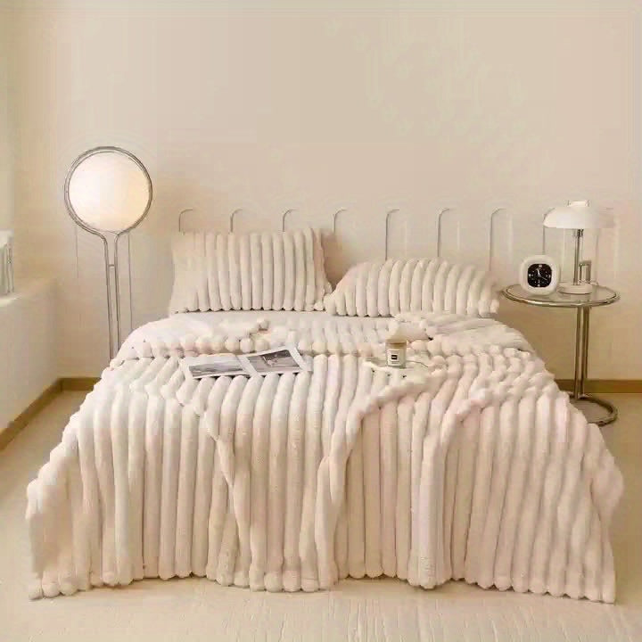 Ultra-Soft Beige Wool Blanket for Couples - Elastic Striped Plush, Perfect for Living Room & Bedroom Decor,