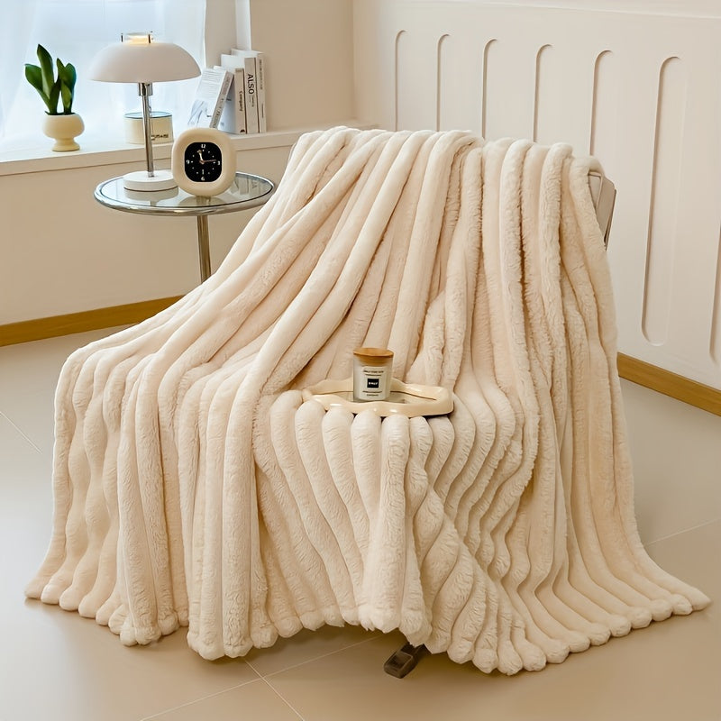 Ultra-Soft Beige Wool Blanket for Couples - Elastic Striped Plush, Perfect for Living Room & Bedroom Decor,