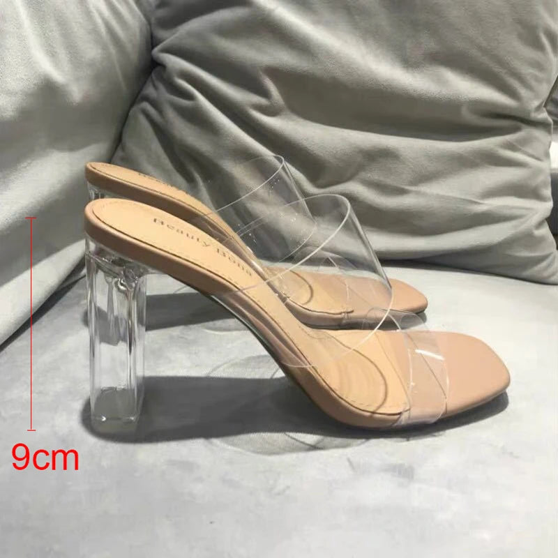 Women Pumps Sandals 9cm Jelly Slippers Sexy Open Square Toe High Heels Women Transparent Slippers Shoe Heel Clear Sandals