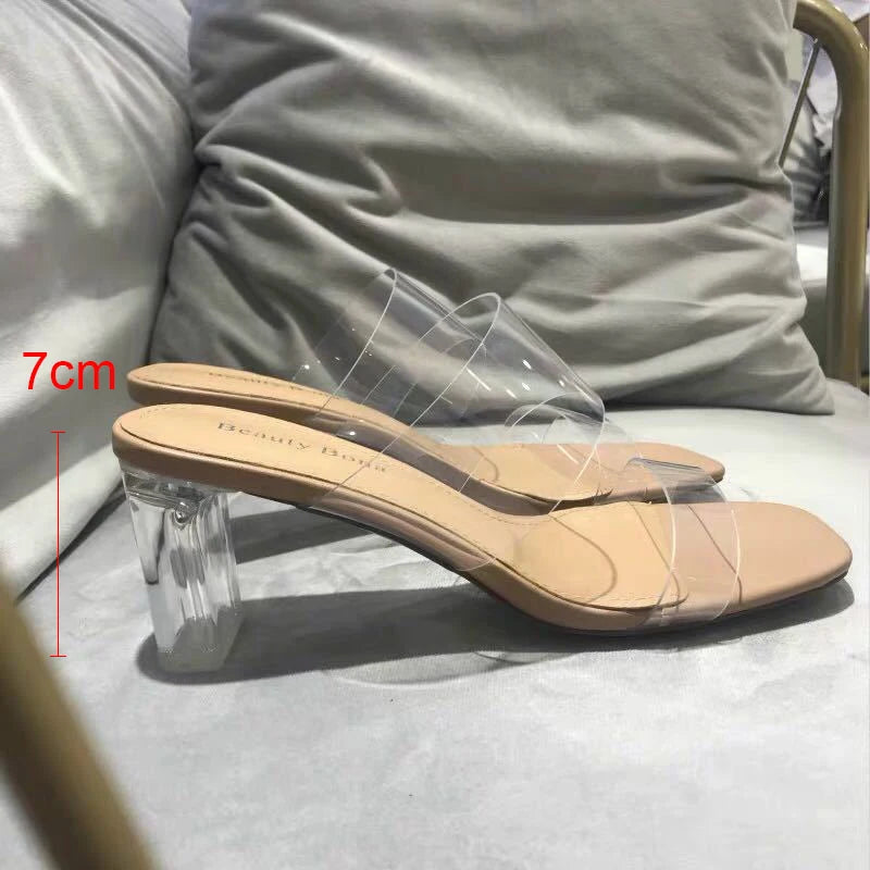 Women Pumps Sandals 9cm Jelly Slippers Sexy Open Square Toe High Heels Women Transparent Slippers Shoe Heel Clear Sandals