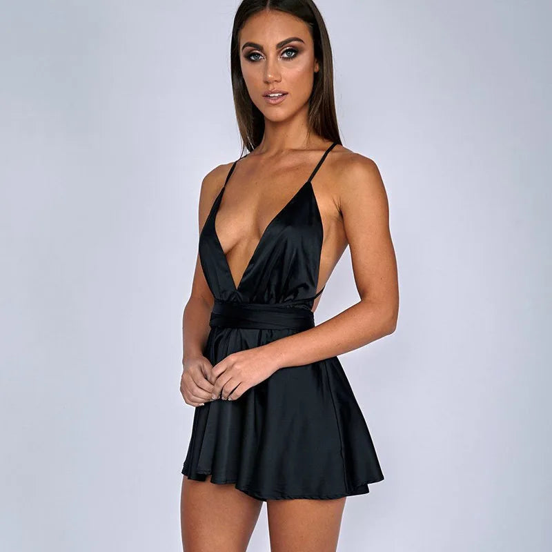 Dress Women Spaghetti Strap Satin Dresses Sexy Women V-Neck Sleeveless Beach Backless Mini Dress Sexy Club Wear