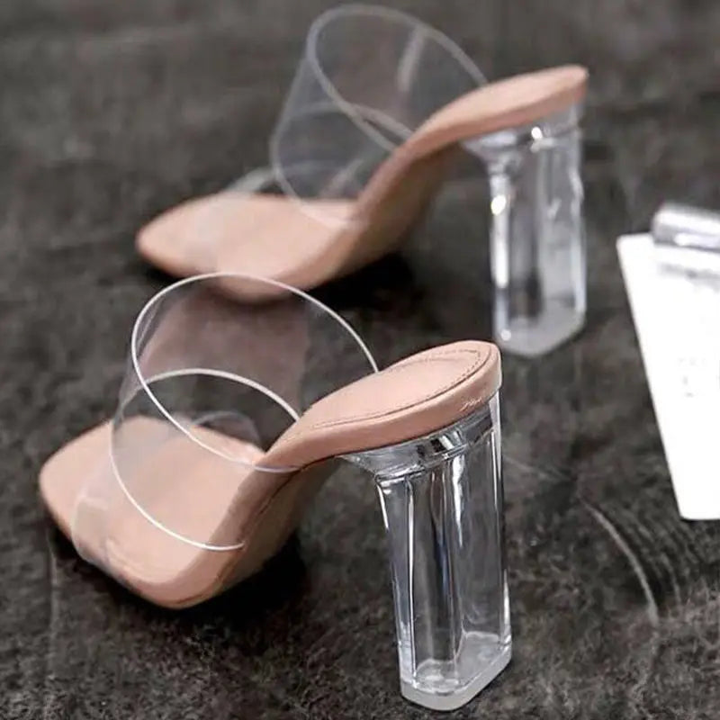 Women Pumps Sandals 9cm Jelly Slippers Sexy Open Square Toe High Heels Women Transparent Slippers Shoe Heel Clear Sandals