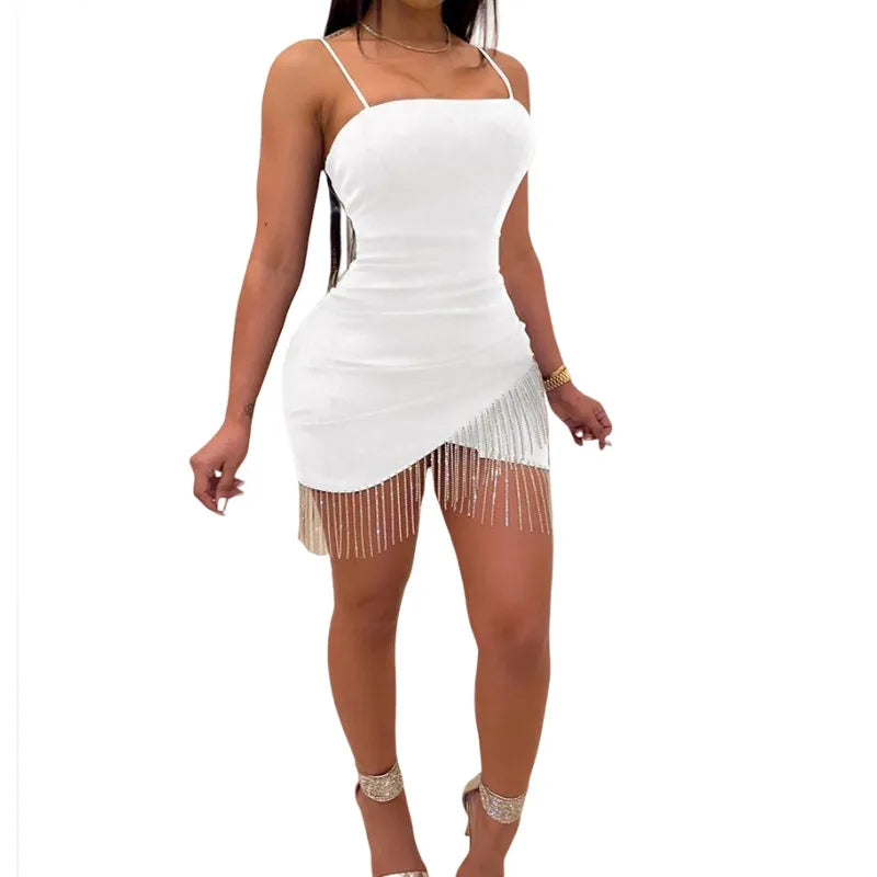 Sexy Spaghetti Strap Tassel Slim Fashion Bandage Bodycon Evening Party Club Wear Short Mini Dress Summer