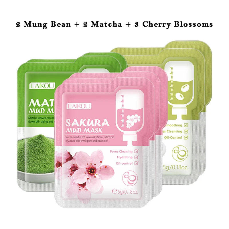 7pcs Mud Face Mask Mung Bean Matcha Cherry Blossoms Moisturizing Oil Control Firming Facial Mask Beauty Skin Care