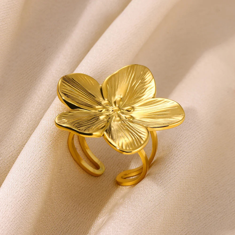 Elegant Stainless Steel Big Bloom Flower Rings For Women Gold Color Sun Starfish Open Ring Finger Jewelry Wedding Her Gift Punk