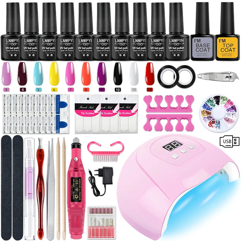 Nail Gel Kit With UV LED Nail Lamp Gel Varnish Acrylic Manicure Set Soak Off Manicure Tools Set Electric Nails Drill Nail Tools