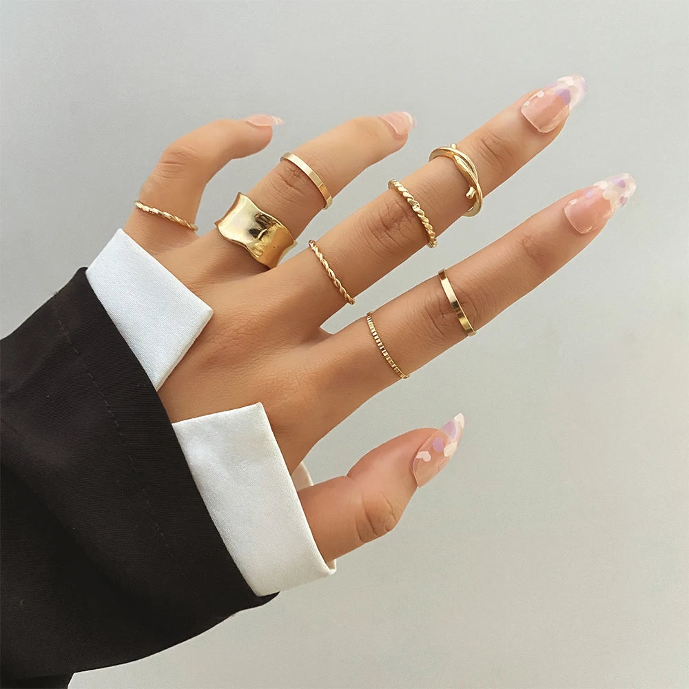 Rings Set for Women Girls Accessories Trend Round Shape Metal Wave Joint Ring Gifts