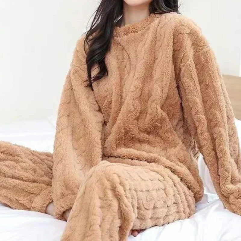 Women Warm 2 Piece Sets Velvet Ribbed Fleece Set Pullover and Pants Casual Pajama Sets Women