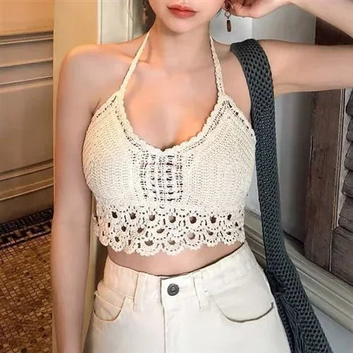 Crop Tops Retro Wild Hollow Perspective Tassel Sexy Spaghetti Strap Tanke Top Women Built In Bra New Back Lace Halter Neck