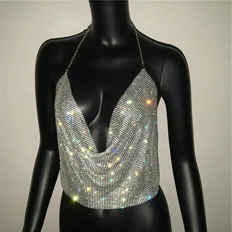 Festival Brilliant Party Crop Top Women Diamonds Metal Tank Tops