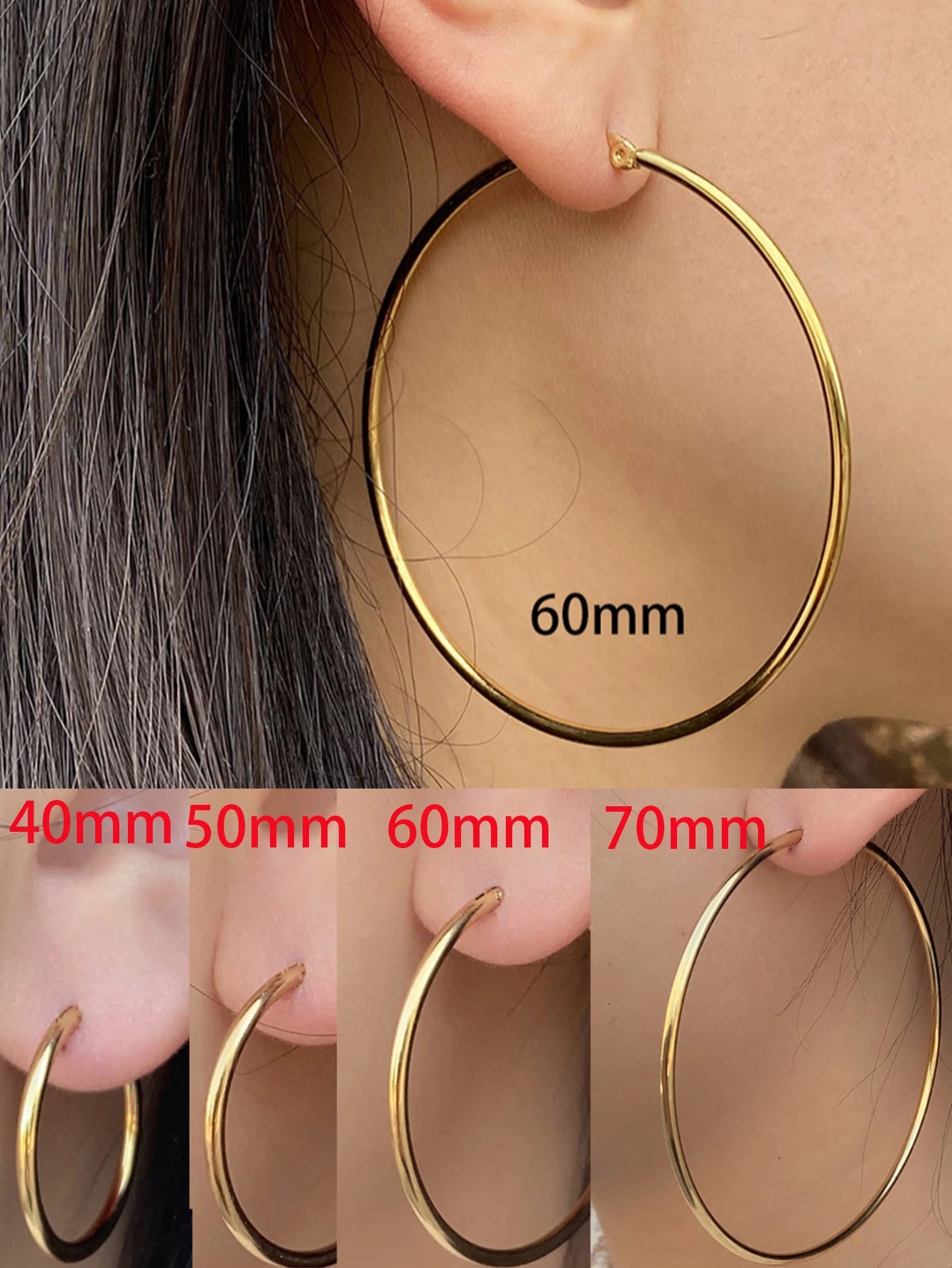 1Pairs/2Pcs 10 To 70mm Gold Color Big Round Stainless Steel Earrings Trendy Jewelry For Women