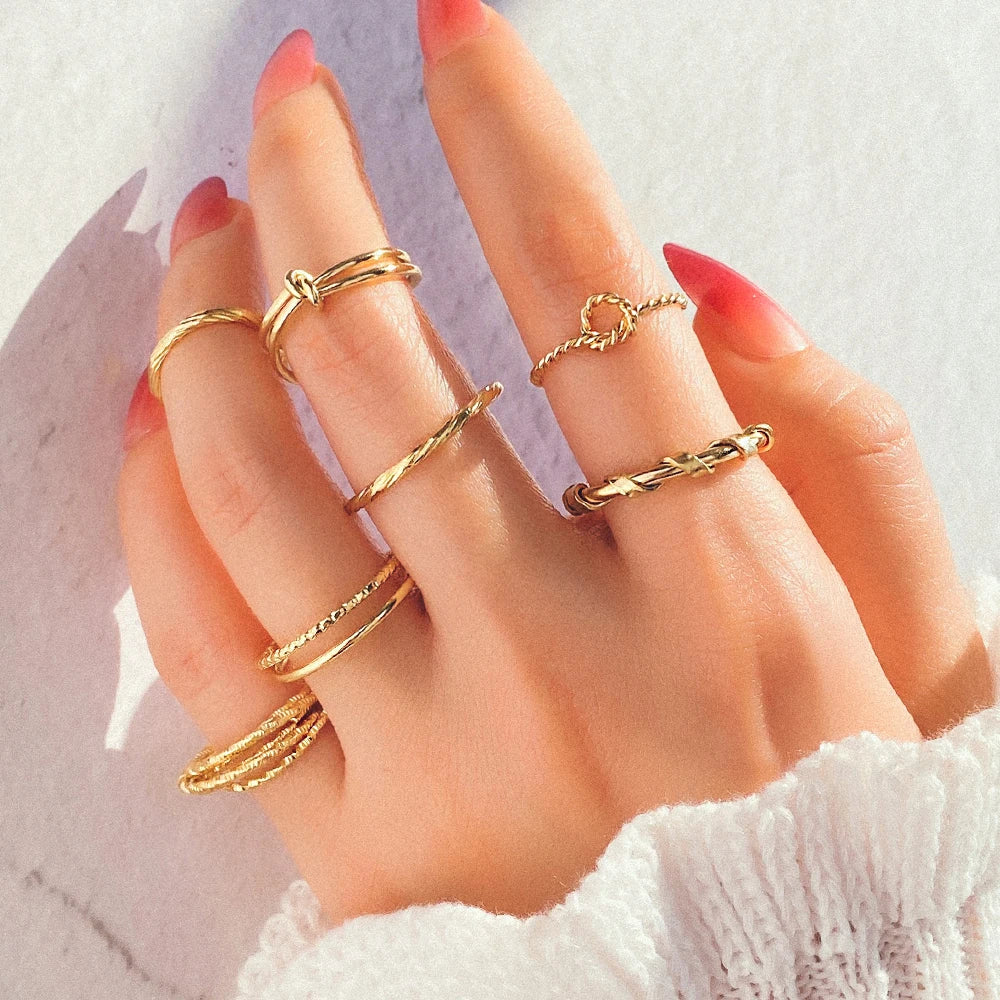 Rings Set for Women Girls Accessories Trend Round Shape Metal Wave Joint Ring Gifts