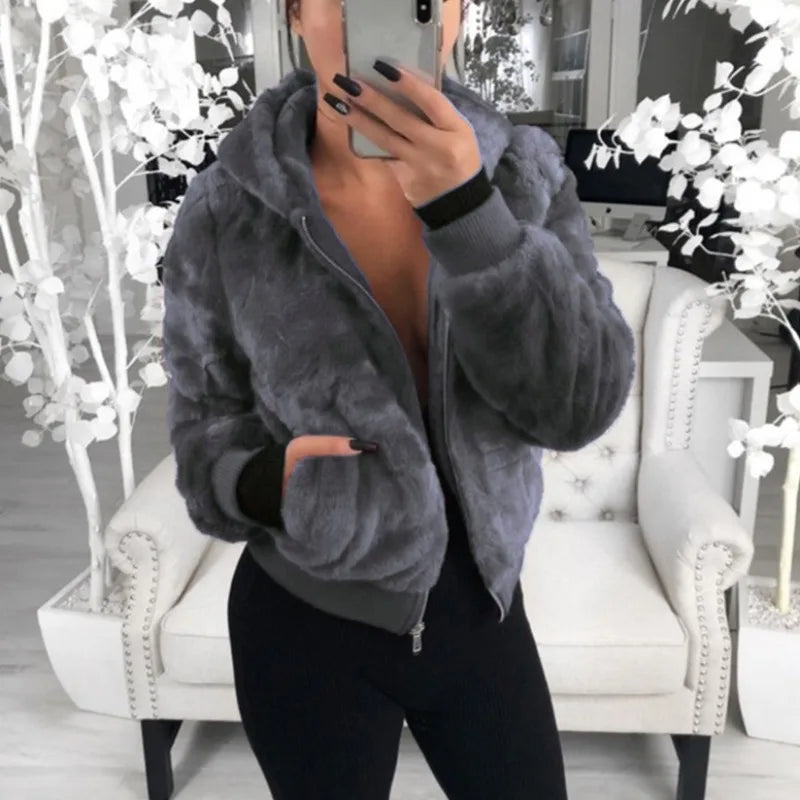 Teddy Coat Women Winter Faux Fur Coat With Hood New Thick Fluffy Pockets Plush Hooded Jacket Ladies Autumn Overcoat Outerwear