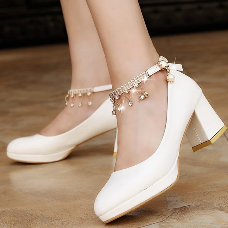 Rimocy Crystal Ankle Strap Pumps Women Chunky Platform Super High Heels Shoes Woman Autumn 2022 Thick Heeled Party Wedding Shoes