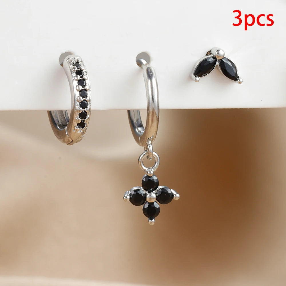 3PCS Exquisite Green Zircon Hanging Earrings Set for Women Stainless Steel Flower Dangle Earring Cartilage Piercing Jewelry