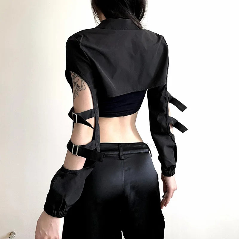 Sexy T Shirt Women Long Sleeve Hollow Out Zipper Y2k Crop Tee Tops Cyberpunk Grunge Short Goth Top