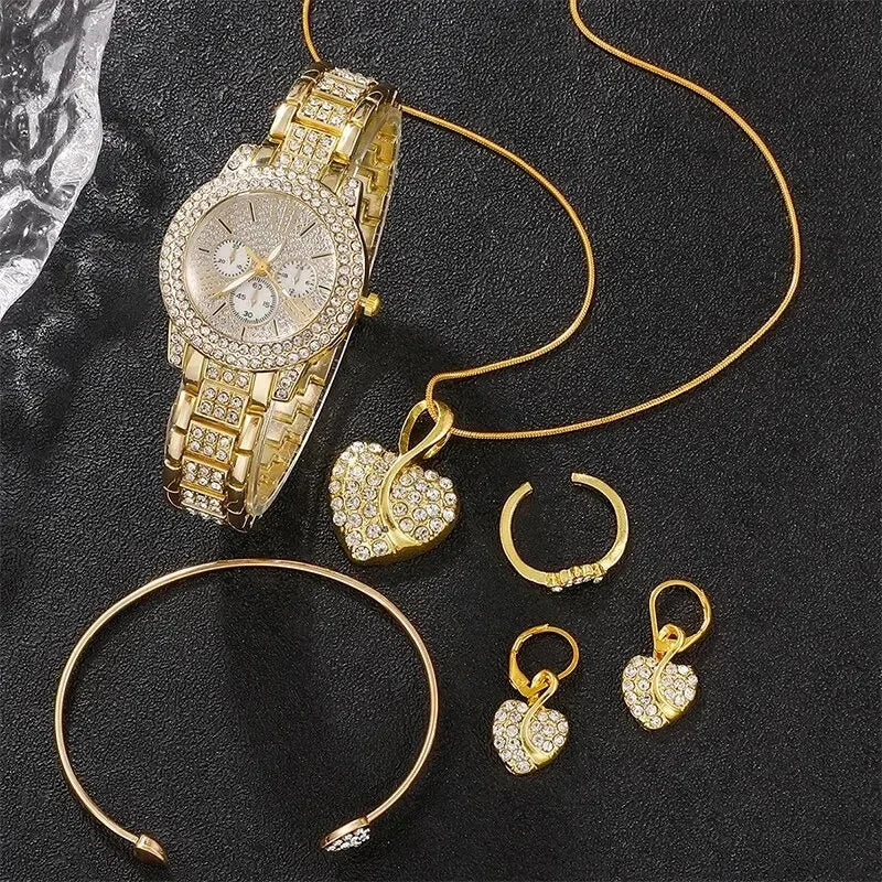 Women's Clock Quartz Watch Gold Luxury Women Ring Necklace Earring Rhinestone Fashion Wristwatch Casual Ladies Watches Jewelry Set