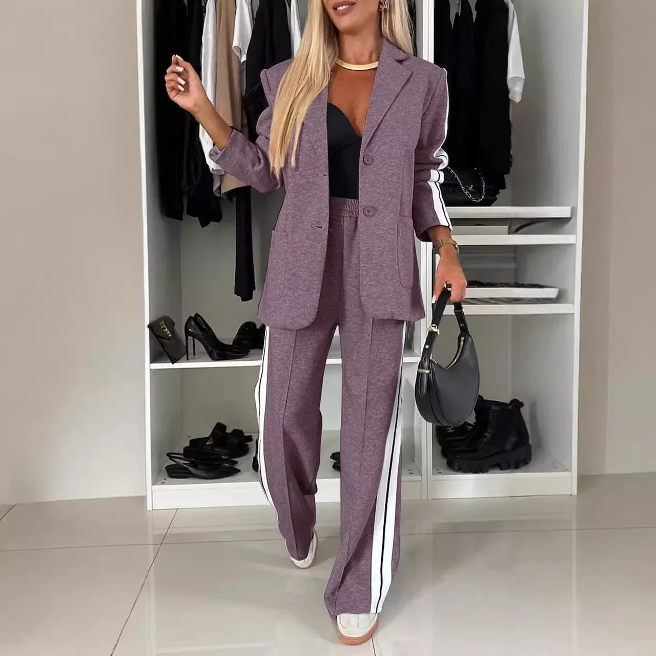 2 Piece Set Women Set Winter Fall Fashion V-neck Long Sleeve Blazer Coat Elegant Straight Leg Pant Sports Two Piece Suit Women