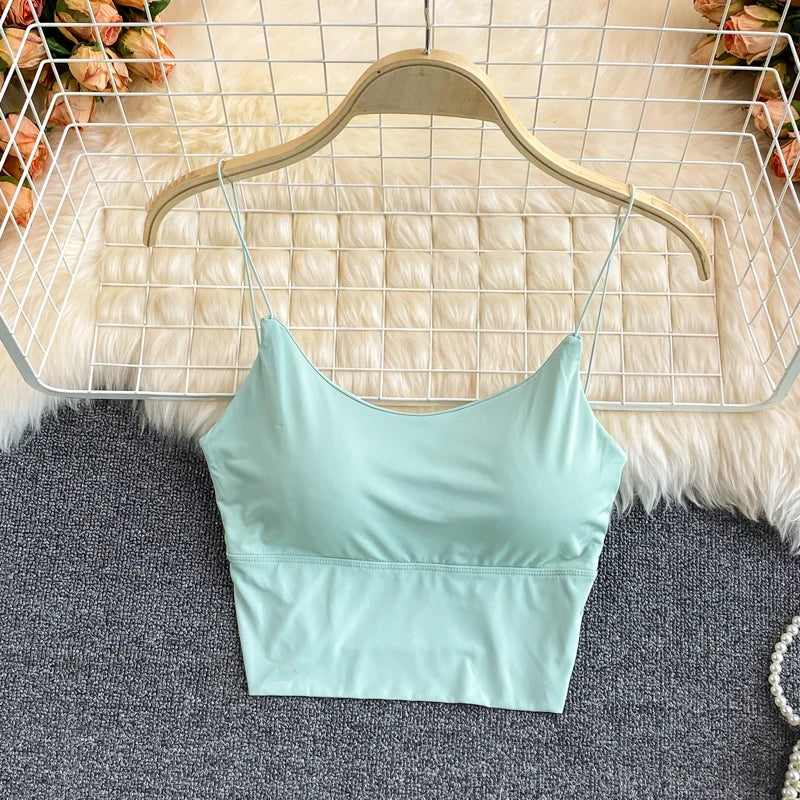 Summer Bra Ice Silk Crop Tops Sports Spaghetti Strap Vest Top Women Sexy Built In Bra Off Shoulder Sleeveless Camisole Underwear