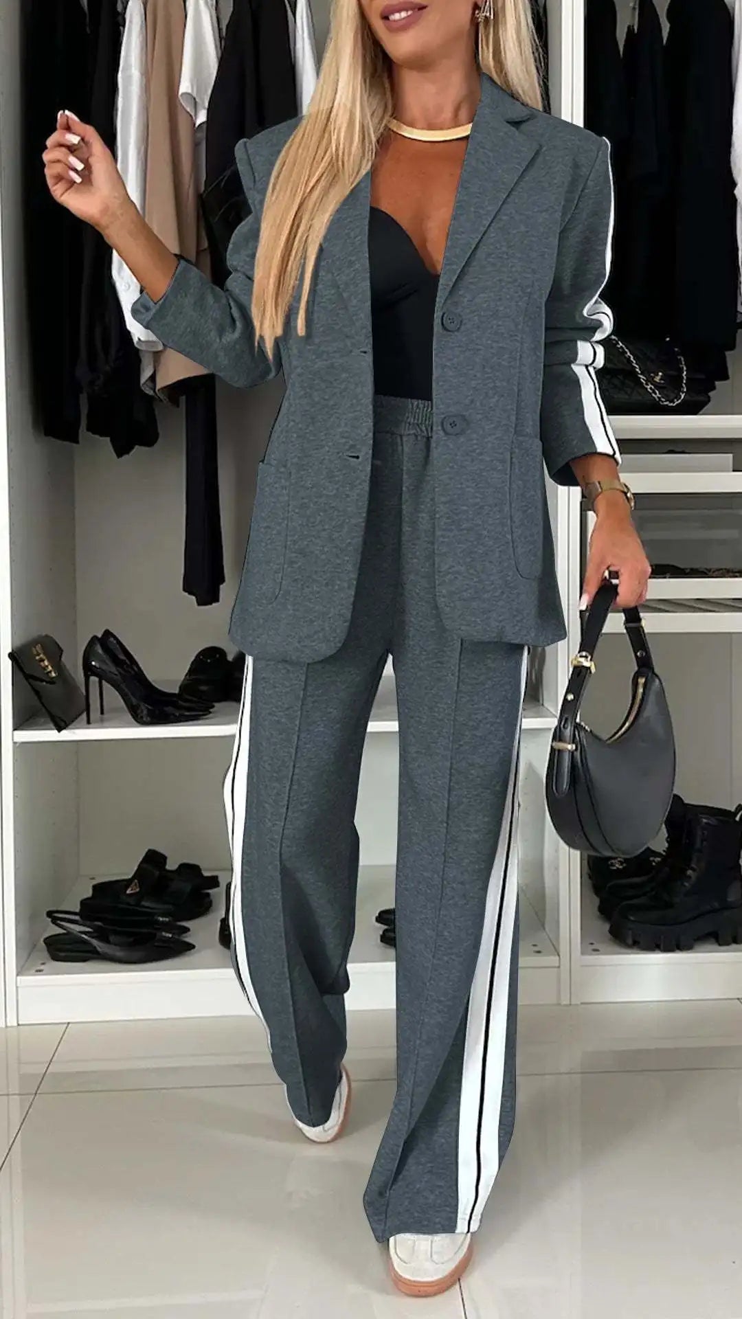 2 Piece Set Women Set Winter Fall Fashion V-neck Long Sleeve Blazer Coat Elegant Straight Leg Pant Sports Two Piece Suit Women