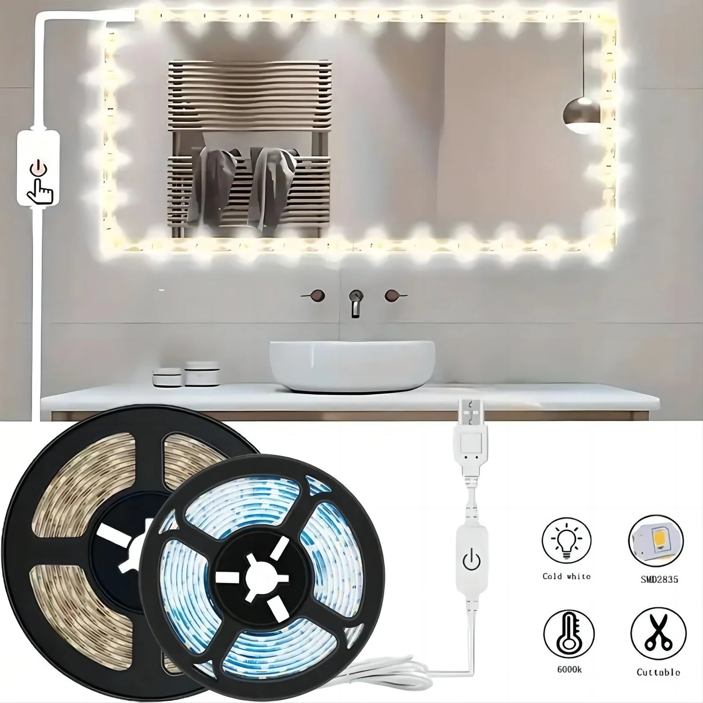 5V 2835 LED Strip Light Touch Sensor Switch Dimmable USB Flexible LED Tape Ribbon Light For Mirror Cabinet Stair Decor Lighting