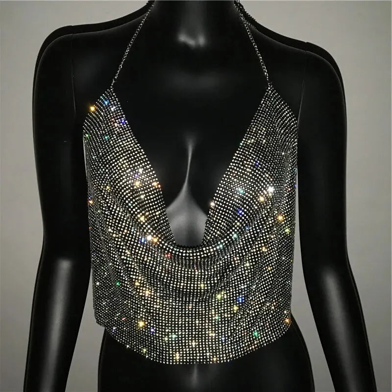 Festival Brilliant Party Crop Top Women Diamonds Metal Tank Tops