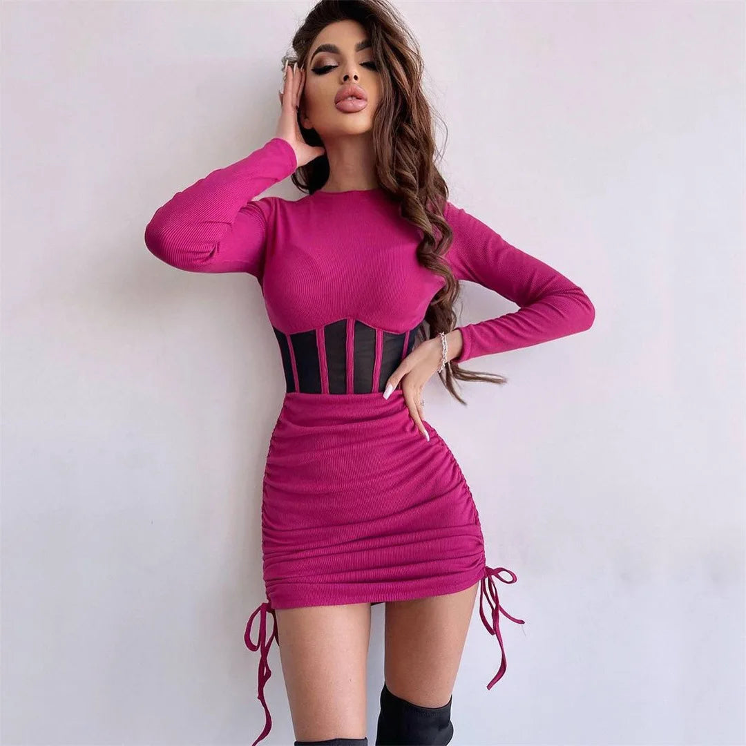 Dress Women O Neck Long Sleeve Mini Vestidos Ribbed Hot Sexy Dresses Fashion High Street Wear