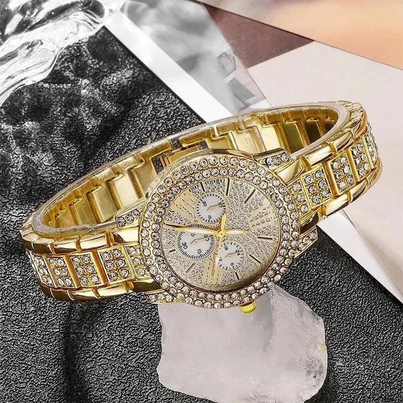 Women's Clock Quartz Watch Gold Luxury Women Ring Necklace Earring Rhinestone Fashion Wristwatch Casual Ladies Watches Jewelry Set