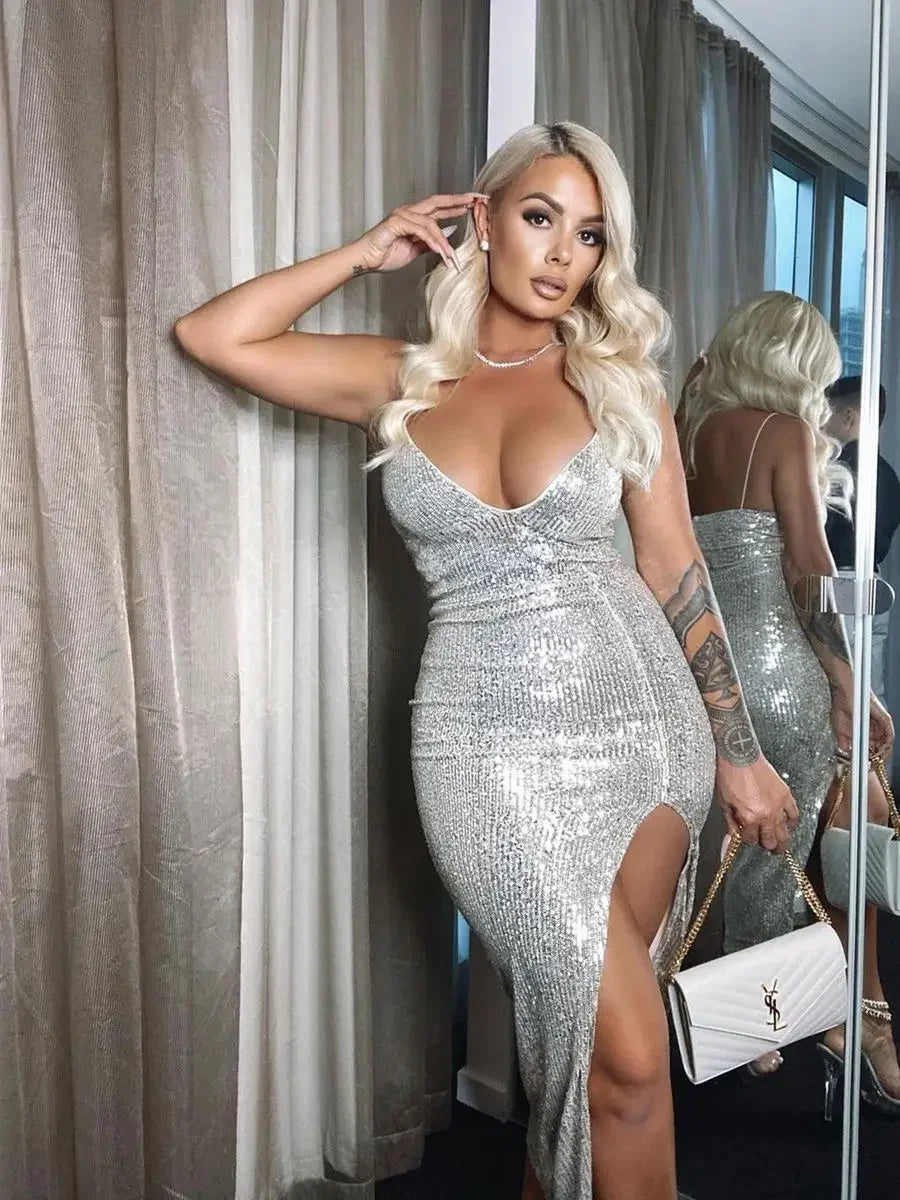 Women's Sexy Evening Party Sequined Glitter Silver Deep V-neck Thin Spaghetti Straps High Split Bodycon Long Dress