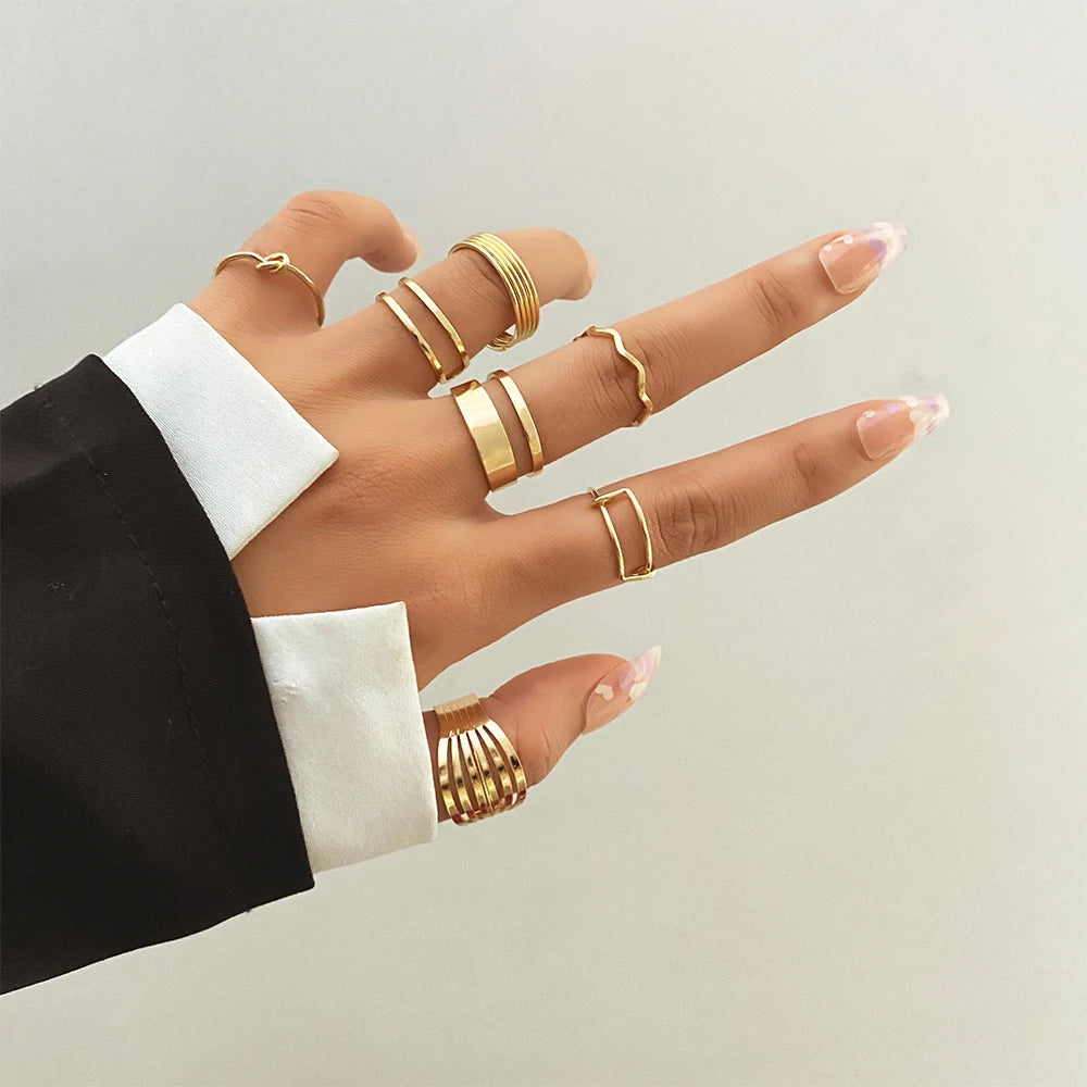 Rings Set for Women Girls Accessories Trend Round Shape Metal Wave Joint Ring Gifts