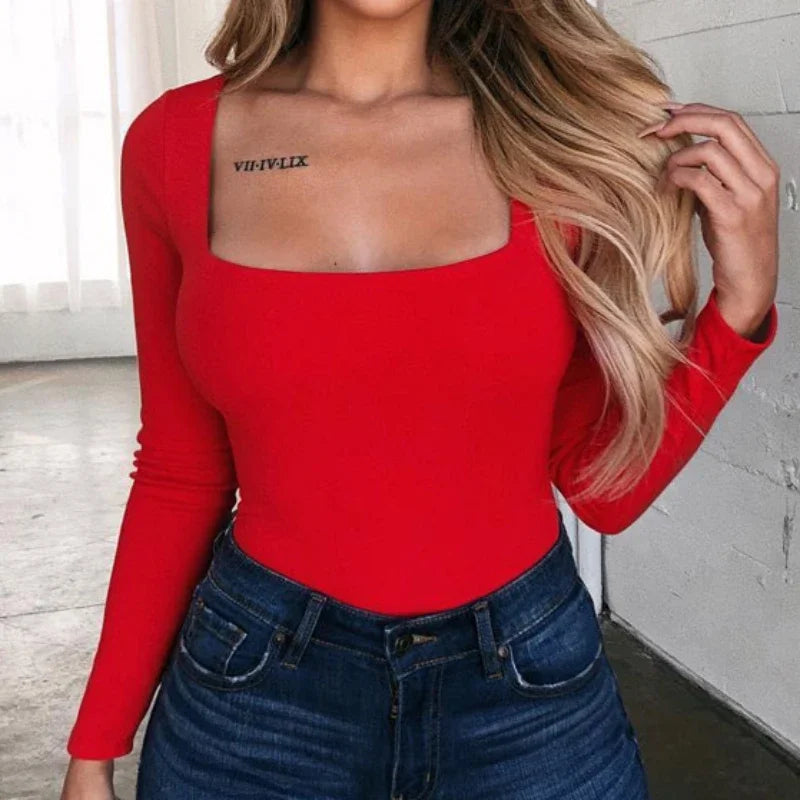 Sexy Solid Color Square Collar Elastic Slim T Shirt Women Long Sleeves Bottoming Shirt Ladies T Shirt Tops Camisetas Mujer