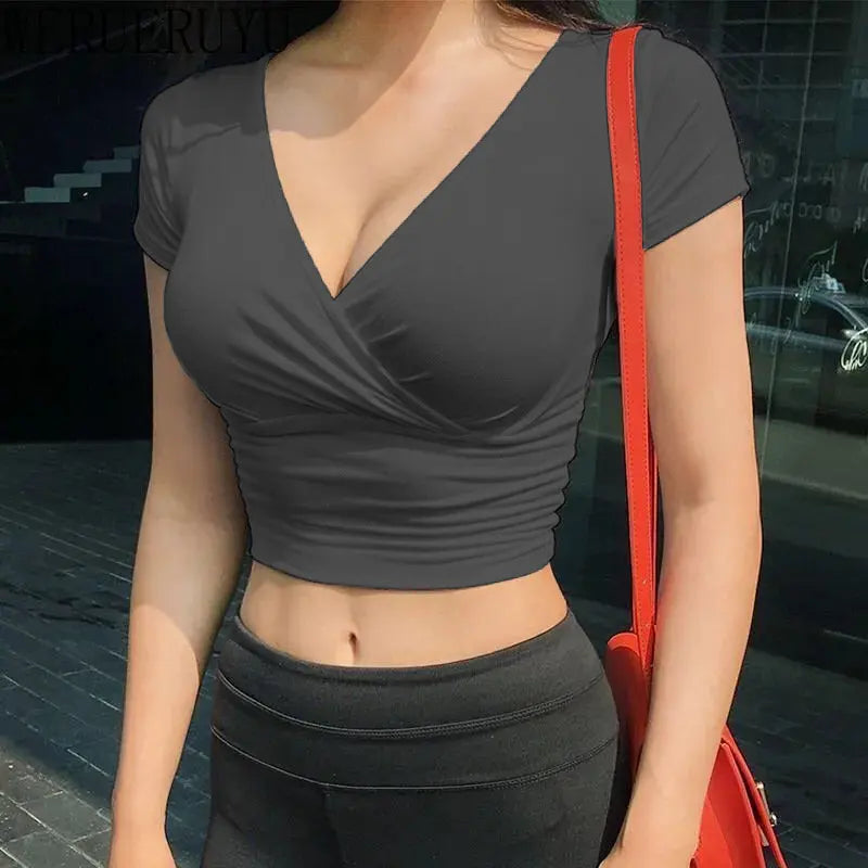 Sexy V-neck T-shirt Short Sleeve Y2k Crop Top Women Clothes Streetwear Korean Fashion Corset Tops Tshirts