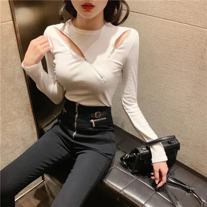 T Shirts Spring Autumn New Slim Hollow Out Zipper Patchwork Y2K Tops Tees Fashion Casual Women Clothing