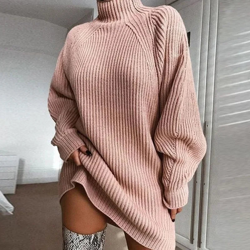 Women's Solid Color Loose Knitted Dress Autumn Winter New Dress Sweater Women Long Sleeve Turtleneck Pullover Dress Sweater