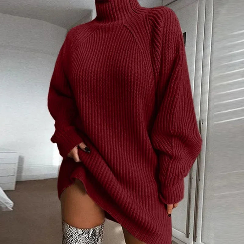 Women's Solid Color Loose Knitted Dress Autumn Winter New Dress Sweater Women Long Sleeve Turtleneck Pullover Dress Sweater