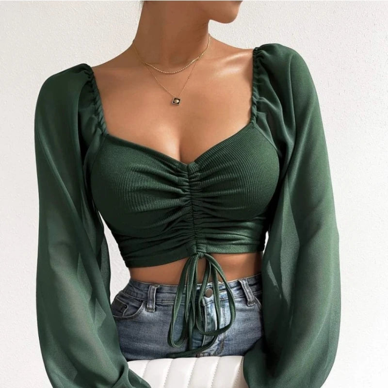 Sexy Mesh Lantern Sleeves Drawstring Wrap Chest Bare Midriff T Shirt Women Long Sleeves Bottoming