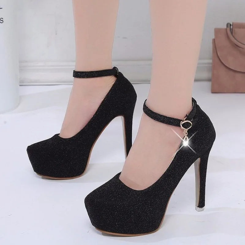 Fashion Wedding Shoes Women High Heels Women Pumps Bride Shoes Platform Super High Heel 12cm Black Silver