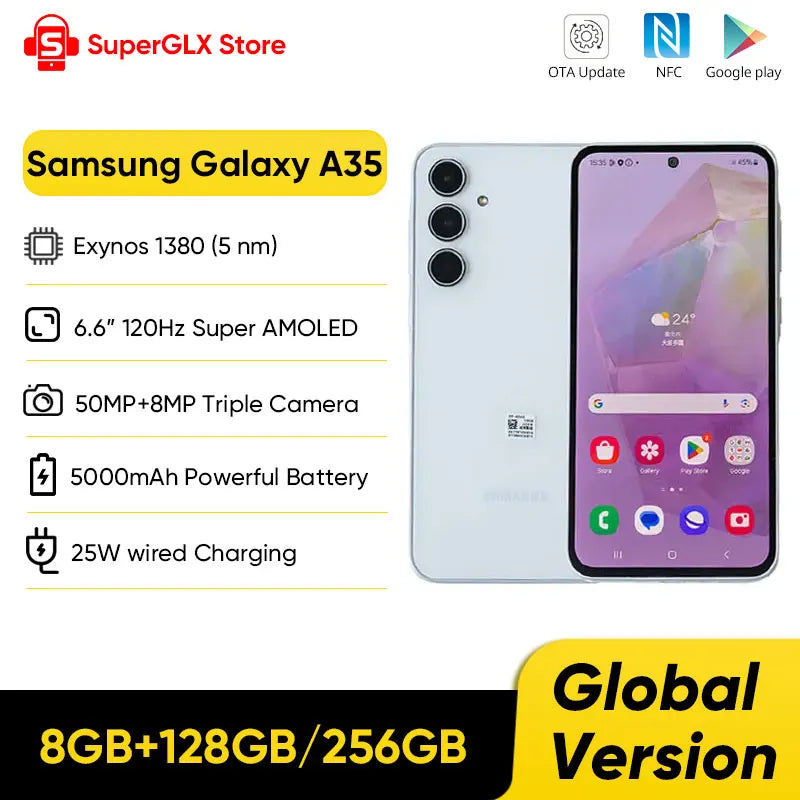 2024 Galaxy A35 5G Smartphone 128GB/256GB Exynos 1380 Android 14 OS 6.6in 120Hz Super AMOLED Display 5000mAh Battery