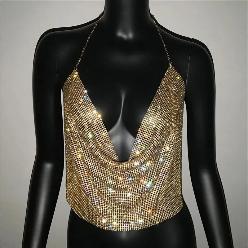 Festival Brilliant Party Crop Top Women Diamonds Metal Tank Tops