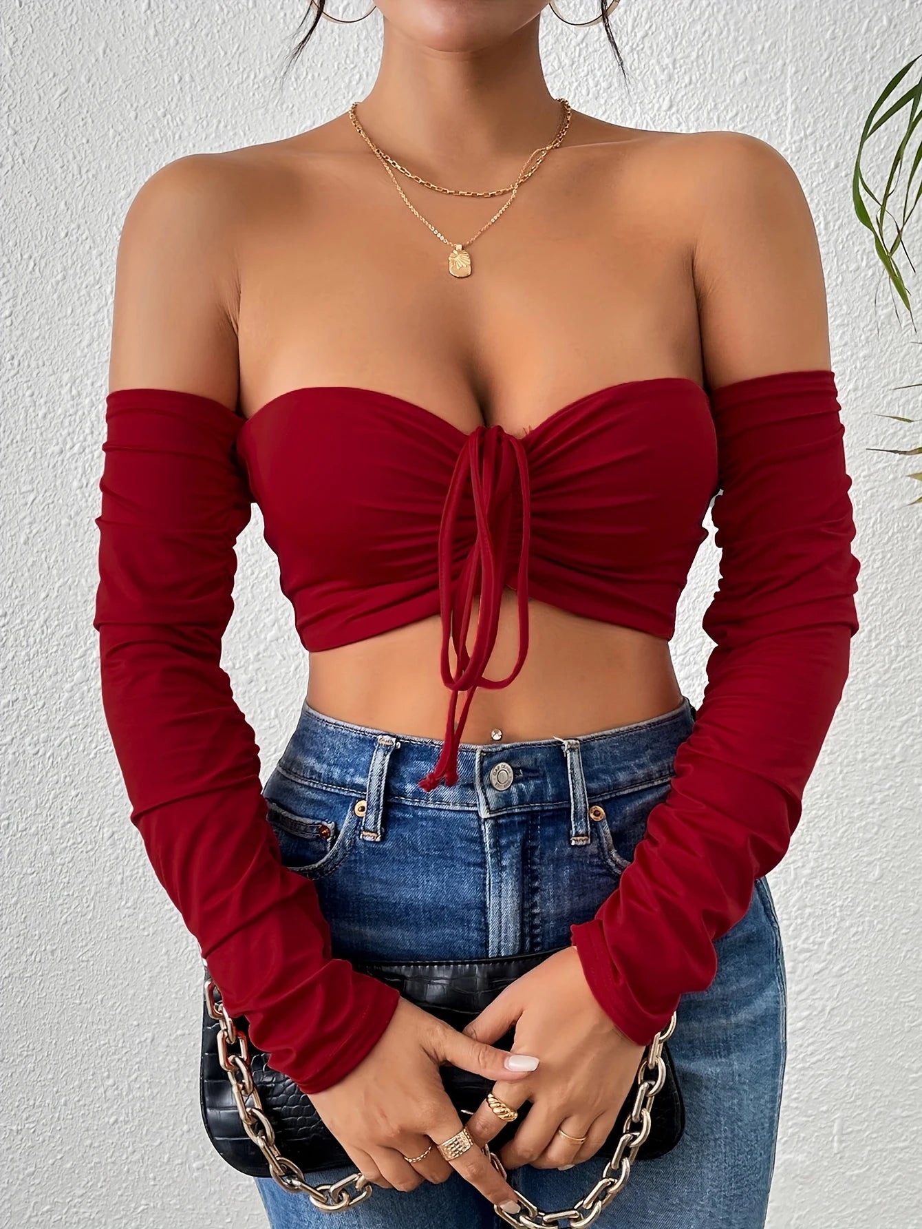 Sexy Ruched Crop T-Shirt - Off Shoulder, Long Sleeve, Drawstring Front, Flattering Fit, Clubwear, Night Out, Womens Fashion Clot