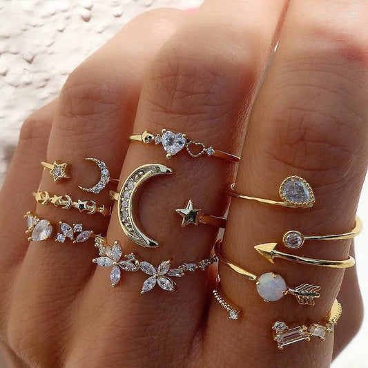 New Boho Gold Color Heart Rings Set For Women Vintage Geometric Cross Pearl Butterfly Finger Ring Female Trendy Jewelry Gifts