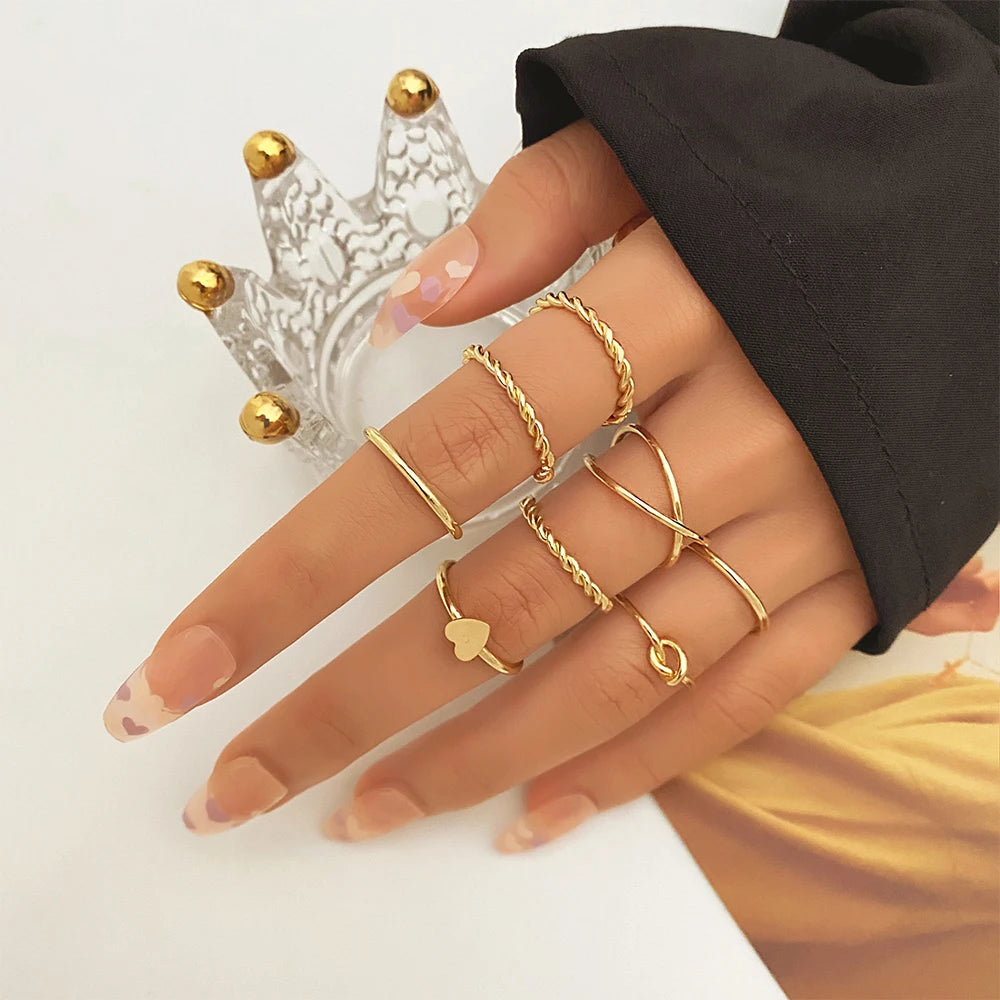 Rings Set for Women Girls Accessories Trend Round Shape Metal Wave Joint Ring Gifts