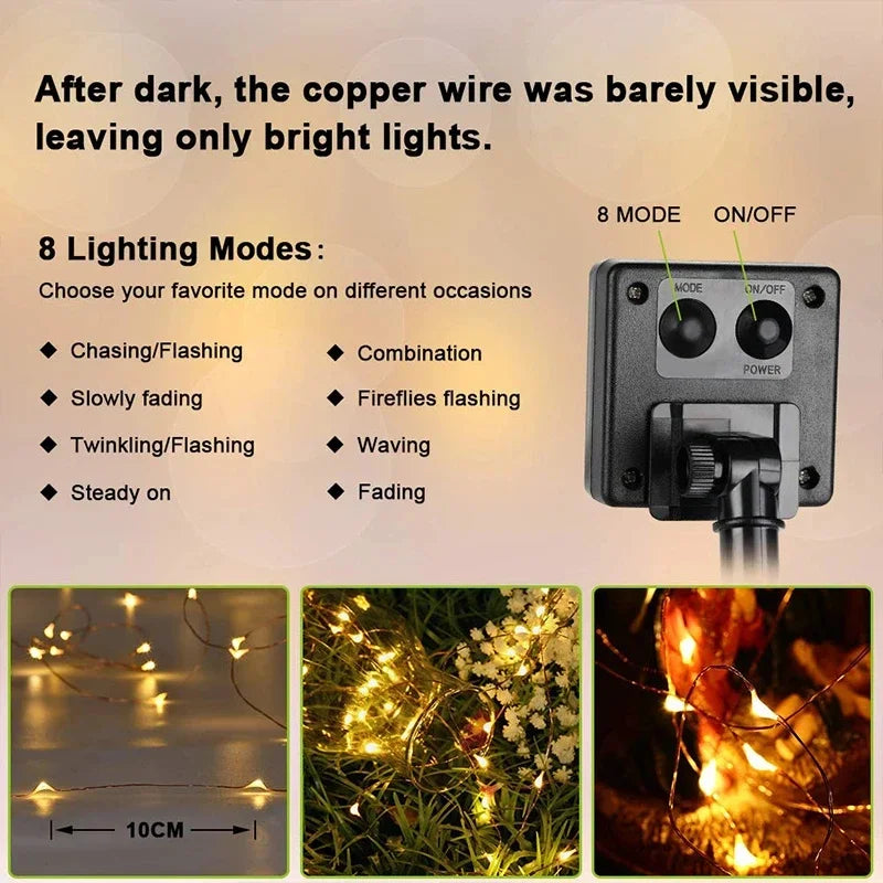 Solar String Lights Outdoor Waterproof Copper Wire Fairy Lights 8 Modes Suitable for Wedding Party Christmas Decoration