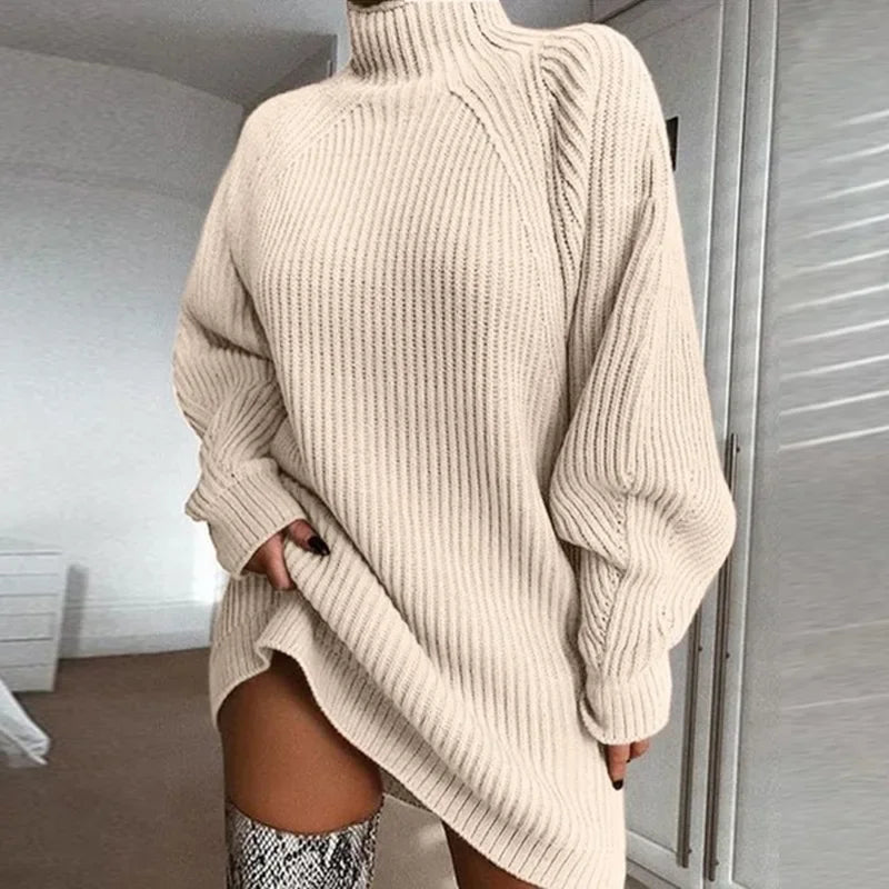 Women's Solid Color Loose Knitted Dress Autumn Winter New Dress Sweater Women Long Sleeve Turtleneck Pullover Dress Sweater