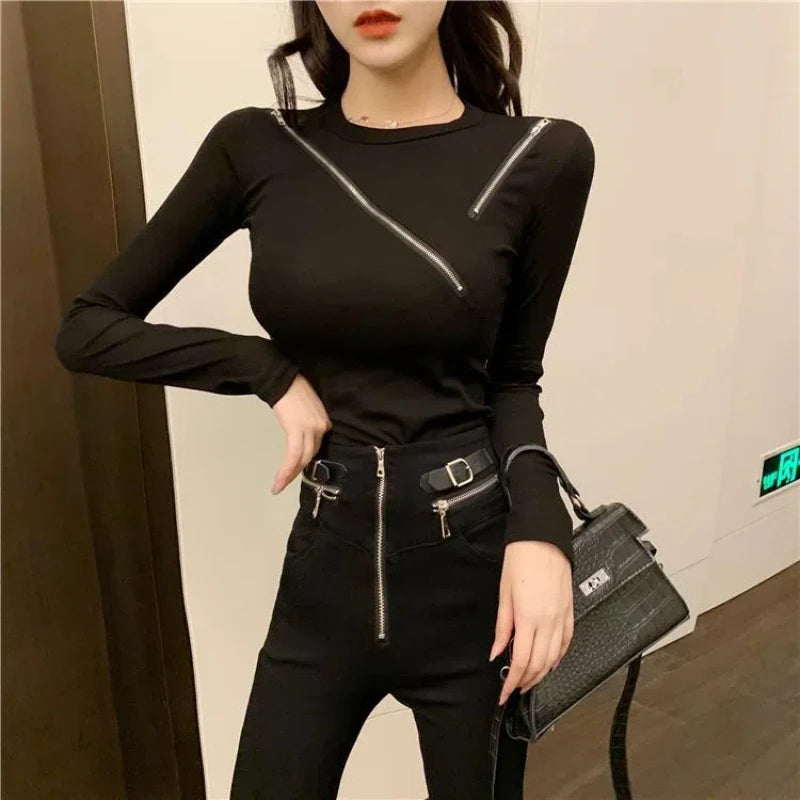 T Shirts Spring Autumn New Slim Hollow Out Zipper Patchwork Y2K Tops Tees Fashion Casual Women Clothing