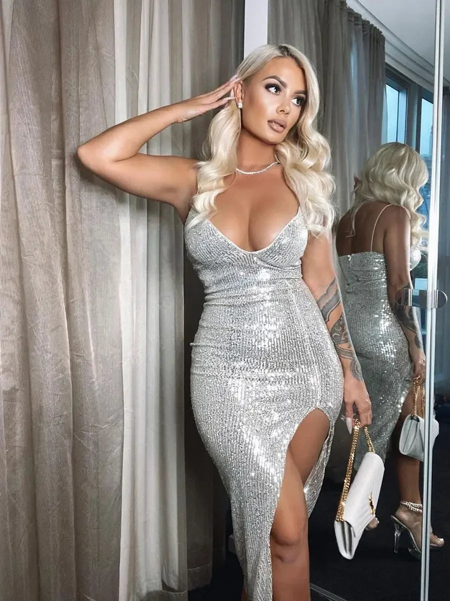 Women's Sexy Evening Party Sequined Glitter Silver Deep V-neck Thin Spaghetti Straps High Split Bodycon Long Dress